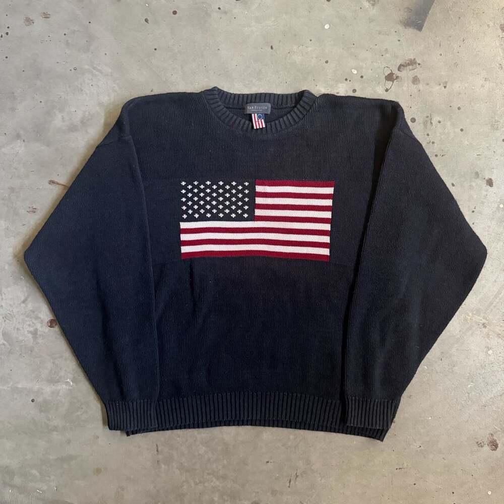 Van Heusen American Flag Sweater Size L Navy Blue Knit Pullover USA Made